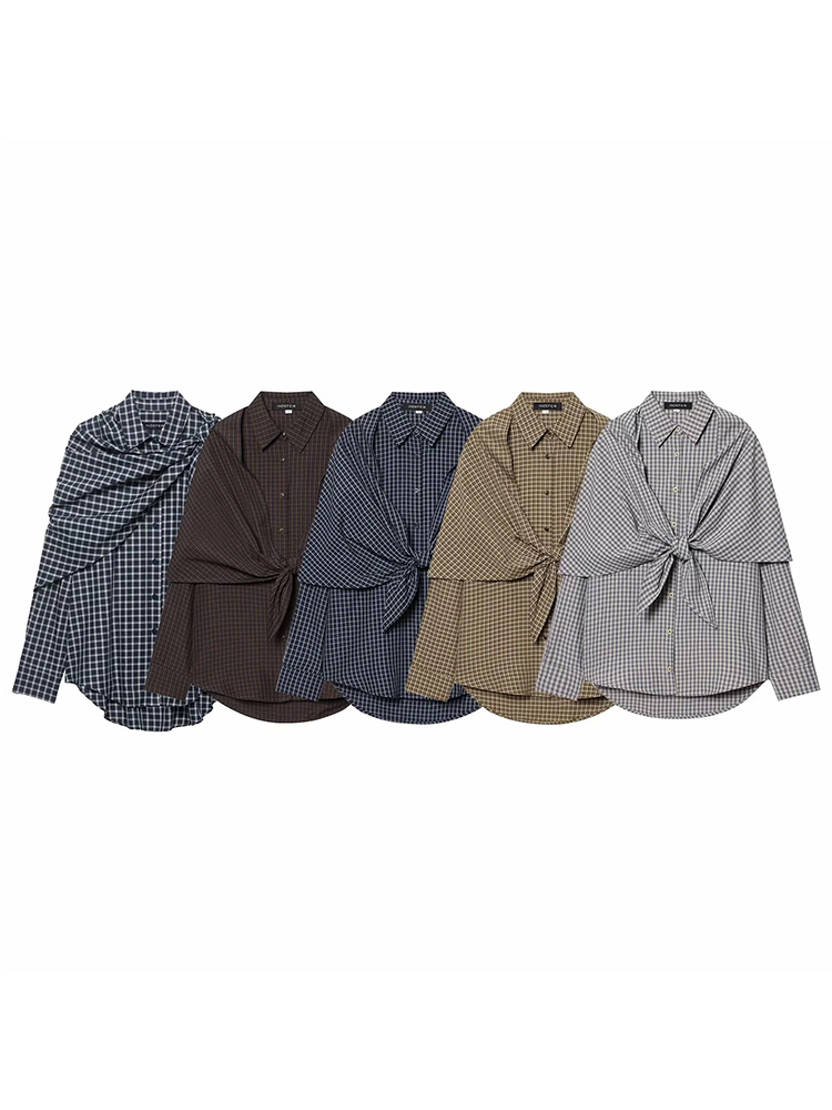 Chemise à carreaux pour femme, style printemps, avec col châle, boutonnée, décontractée, à manches longues, à simple boutonnage