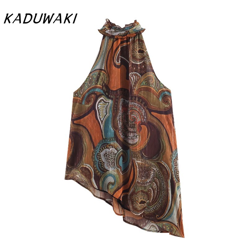 KADUWAKI Crop Top Femme Imprimé Élégant Polyvalent Asymétrique Style Rétro Américain Années 90 Hawaïen pour Fête à la Plage