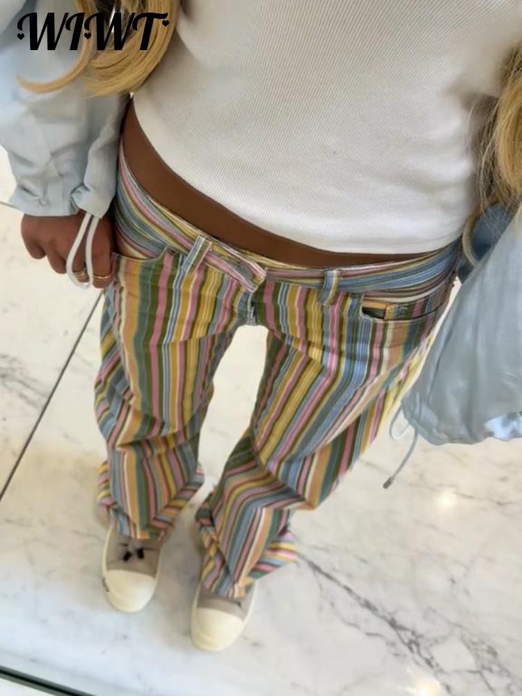 Jean rayé coloré 2026 Nouveau pantalon en denim long décontracté pour femme à taille basse, coupe large et poches contrastantes