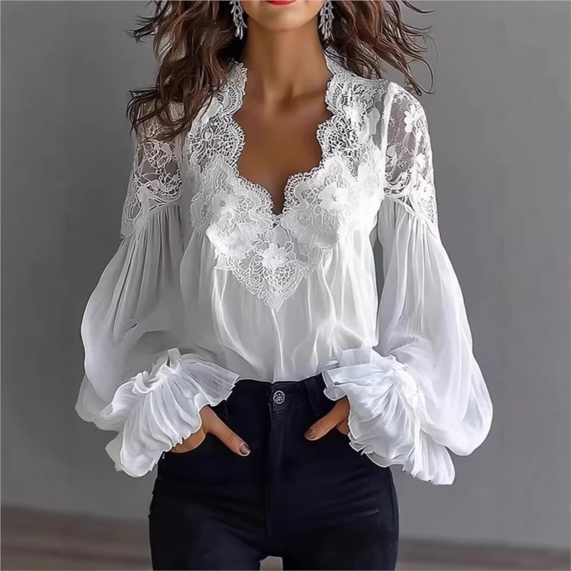 Chemisier élégant pour femme à manches lanternes et dentelle, col en V sexy, noir et blanc, idéal pour le bureau et les trajets quotidiens
