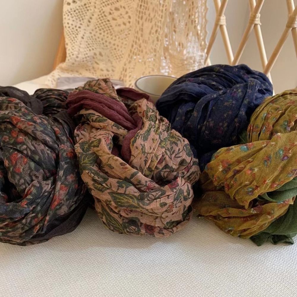 Écharpe florale en coton et lin, écharpe carrée plissée imprimée, marque de luxe de styliste, Vintage, automne et hiver