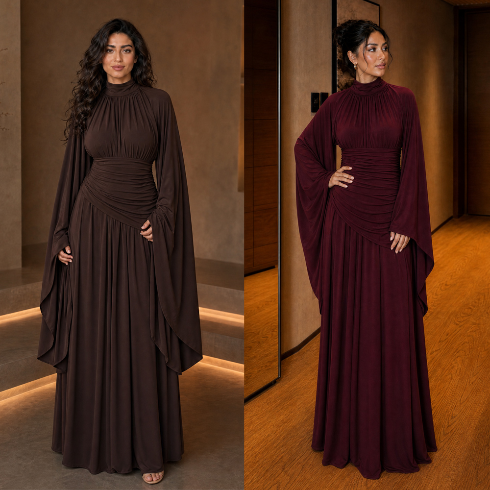Robe de soirée pour gala, Eid, Islam, Nikkah, robe pour femmes musulmanes, Dubaï, robe arabe, détails froncés, manches raglan extra-longues et évasées