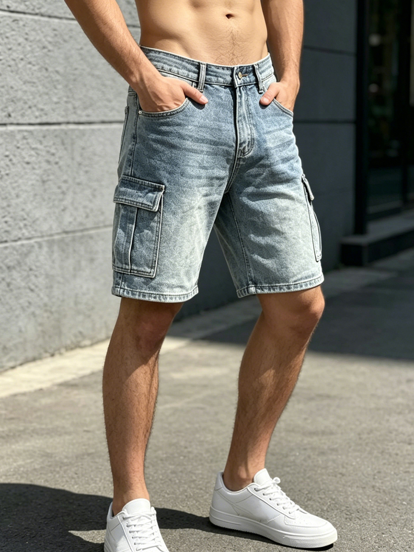 Shorts en jean décontractés pour hommes, coupe droite, délavage clair, style cargo, vêtements de travail