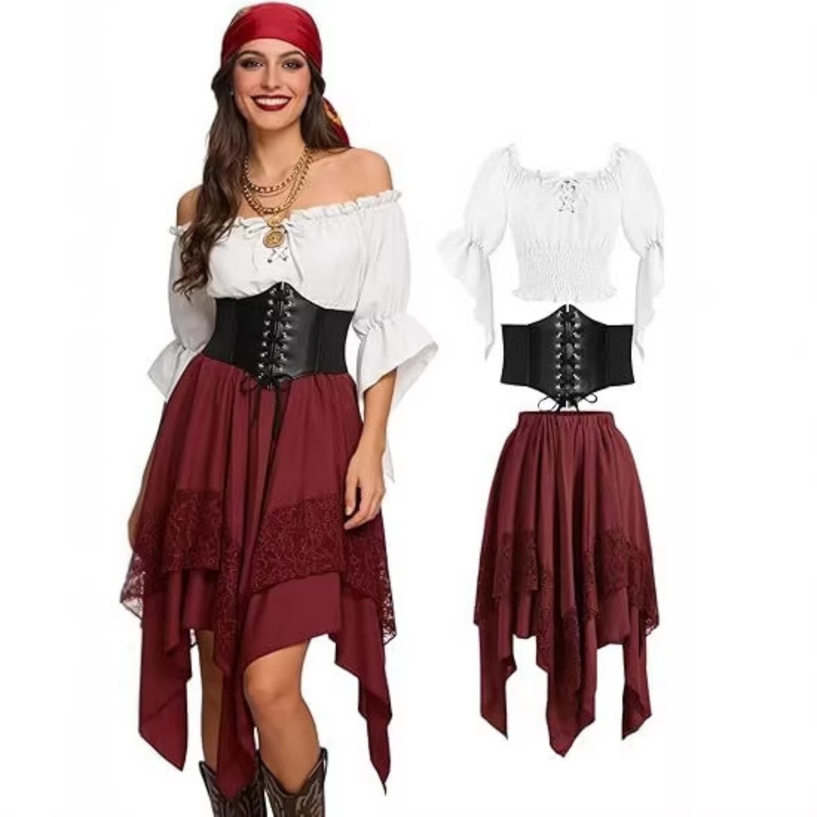 Jupe de pirate, robe de la Renaissance, costume de fée asymétrique pointu pour femme, haut de fermière médiéval, ensemble d'Halloween