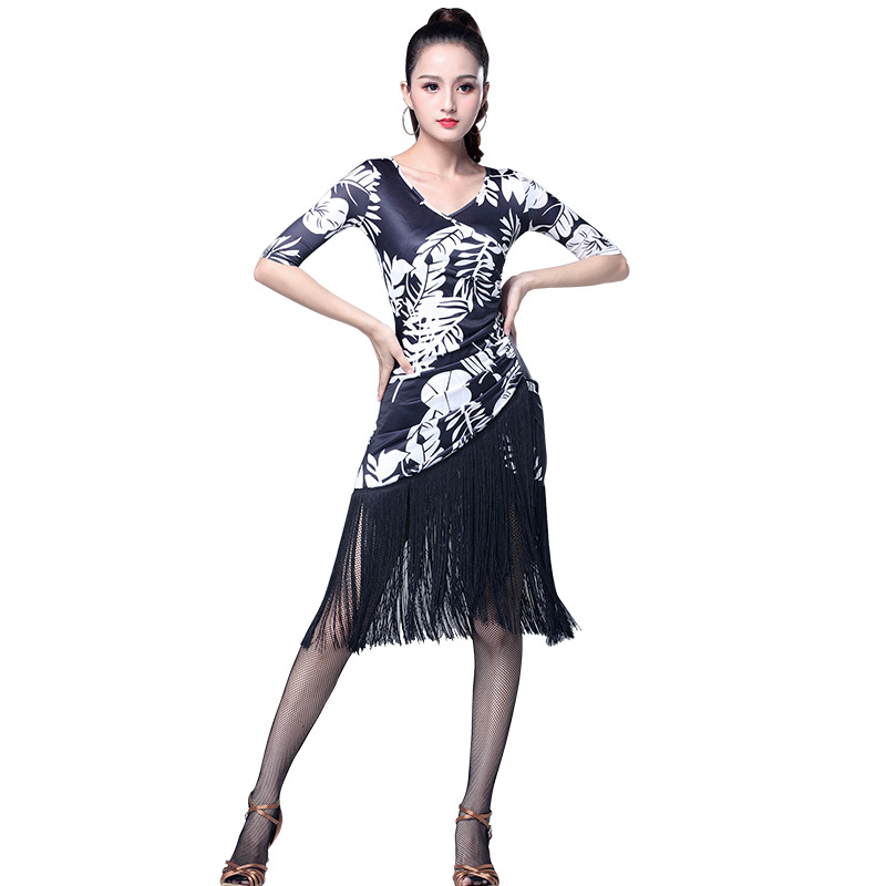 Robe de danse latine à manches moyennes pour femmes, robe une pièce à pampilles, olympiques de tango, cha cha, rumba, salle de Rhféminine, été