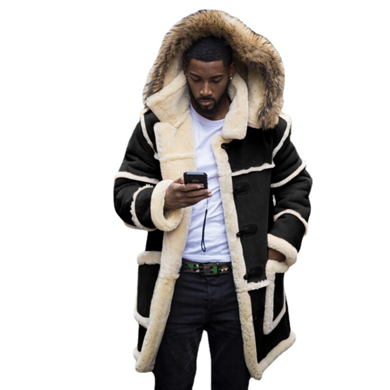 Pardessus hommes hiver nouvelle veste longue ample rembourrée en coton fourrure marron intégré laine d'agneau manteaux à capuche mâle