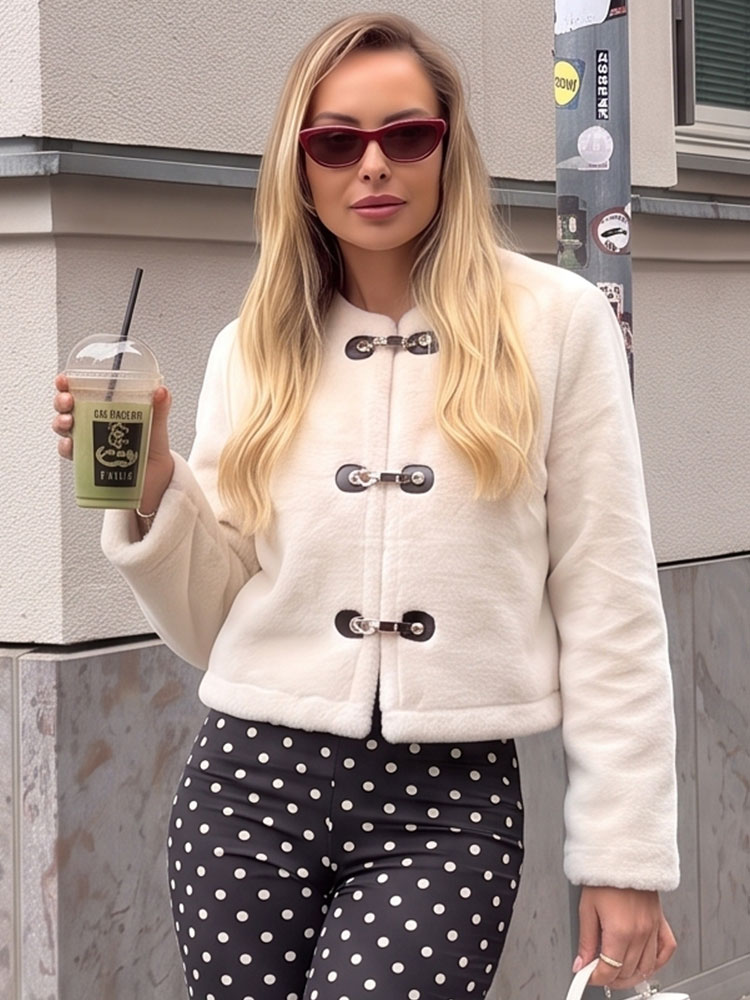 HH Manteau élégant pour femme à col rond et simple boutonnage, veste courte beige décontractée pour l'hiver et les vacances, vêtement d'extérieur à manches longues pour les soirées et la mode