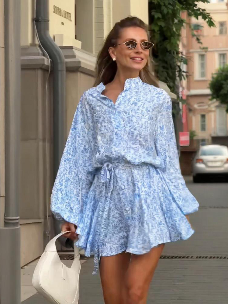 Mini robe élégante à imprimé Floral pour femmes, manches longues, col en V, plissée, taille haute, mode dame, robes de soirée, vacances d'automne 2025