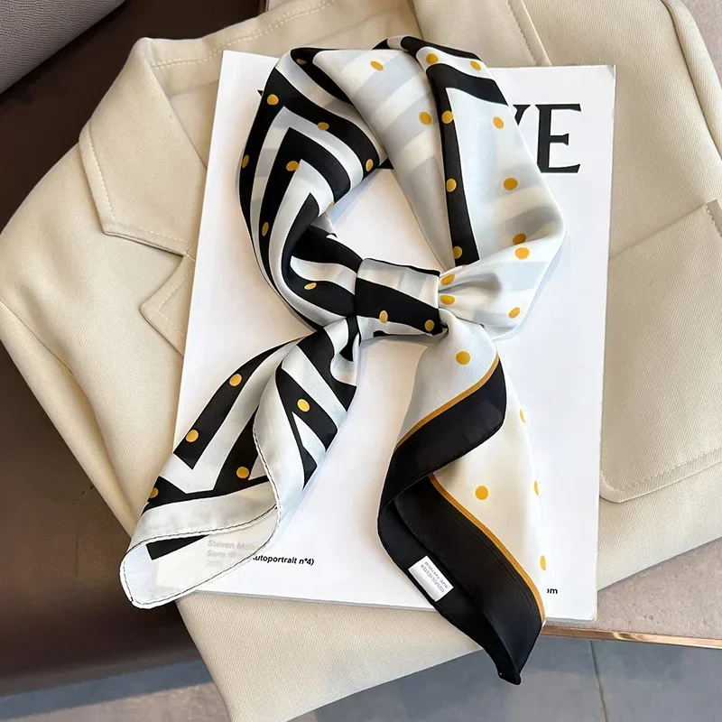 Rétro à pois Montage soie carré écharpe femmes doux Satin bandeau Foulard Hijab dame bandeau Foulard sac rubans foulard