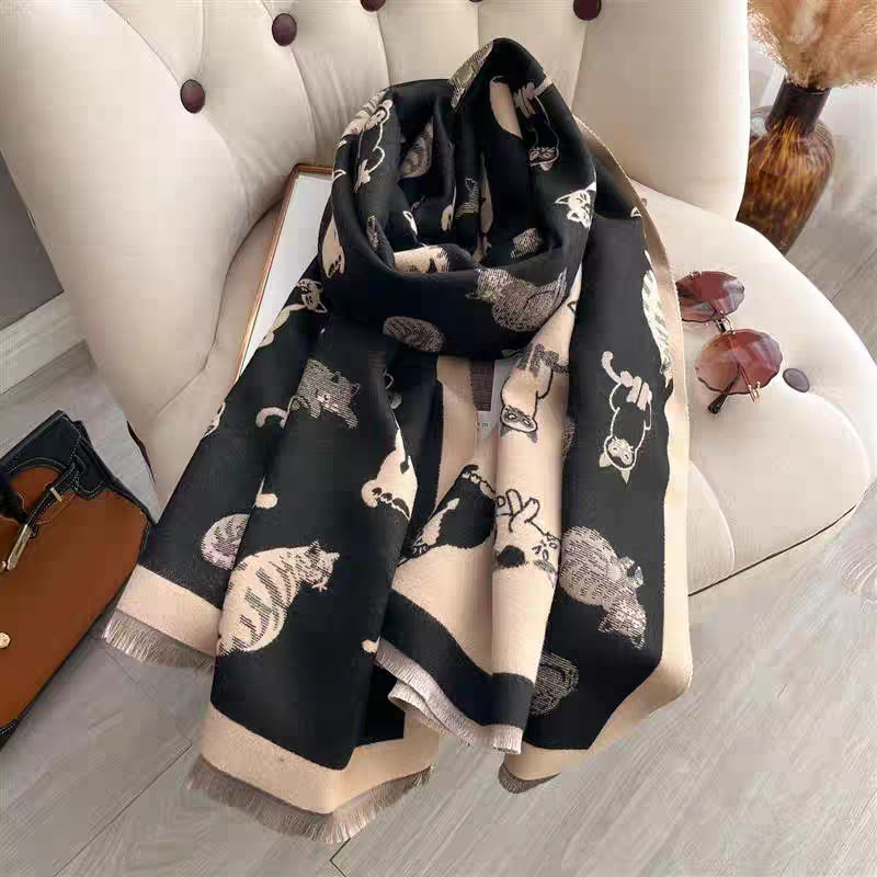 Écharpe Épaisse à Motif Chat pour Filles, Nouvelle Collection Hiver, Style Collège, Mignonne et Tendance, Châle Chauffant pour le Cou