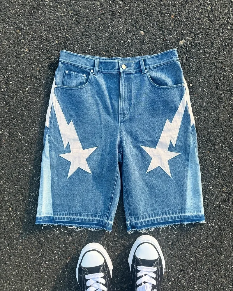 Jean à jambes larges pour hommes, tendance de la mode américaine, style de rue, baggy brodé Y2k, short décontracté Goth punk High street