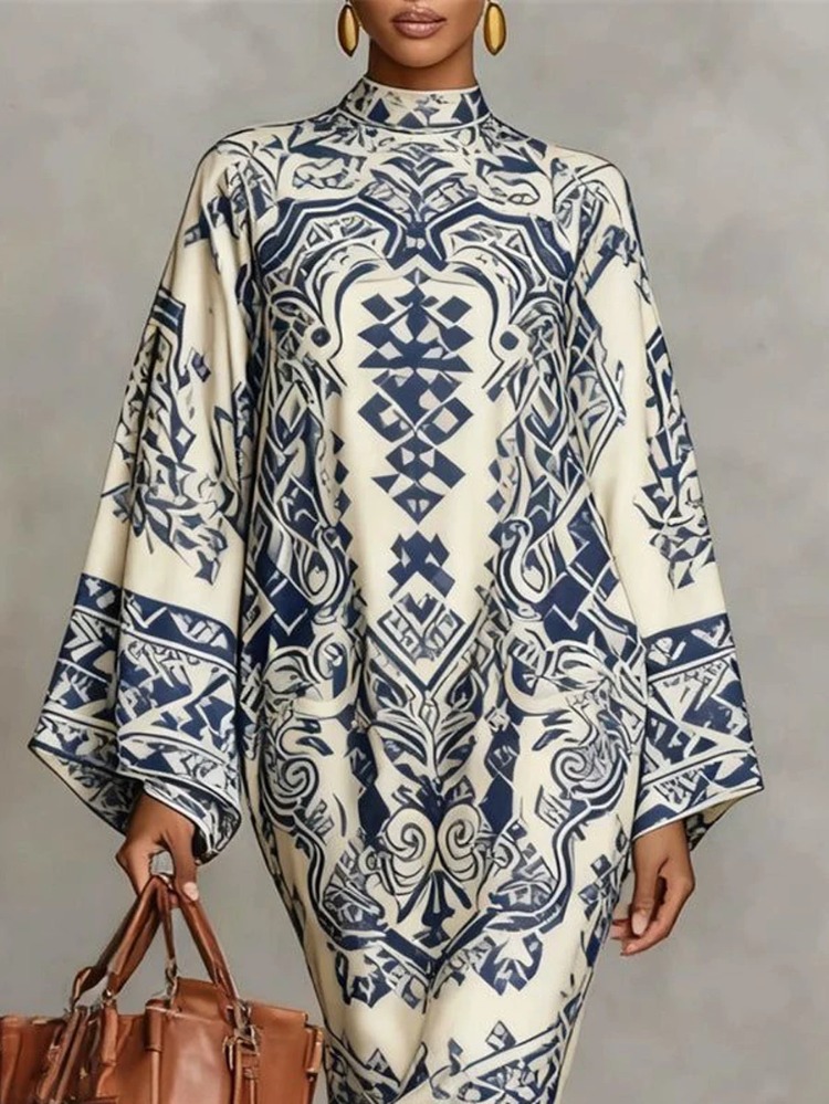 UOOZEE 2026 Nouvelle Robe de Soirée Vintage pour Femme à Imprimé Tribal, Col Montant, Manches Chauve-Souris, Coupe Ample, Élégante, pour Église, Mini-Robe