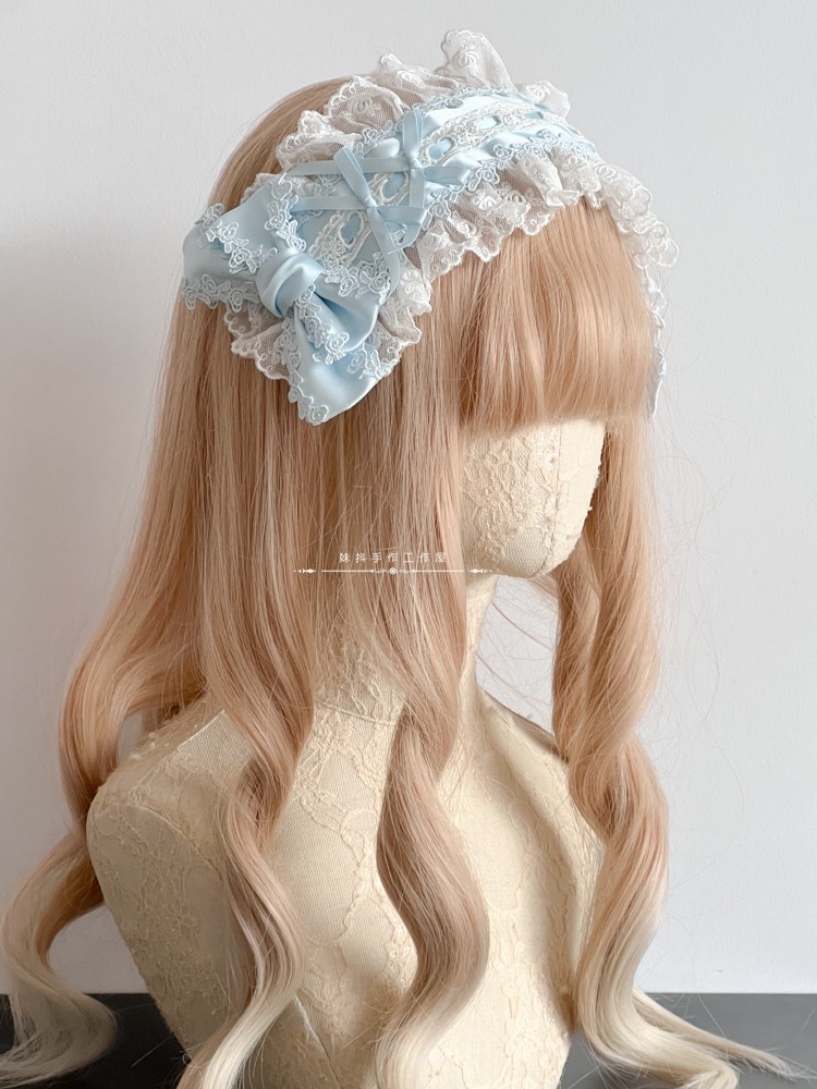 Accessoires pour cheveux Lolita originaux faits à la main, blanc et noir, coiffure rose bleu, bandeau en dentelle avec nœud Kc