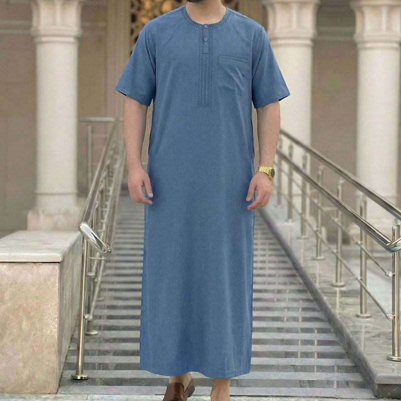Jubba Thobe à manches courtes pour hommes musulmans, Kaftan islamique vintage marocain, Djellaba de prière brodée en mélange de viscose, Tunique Abaya pour homme