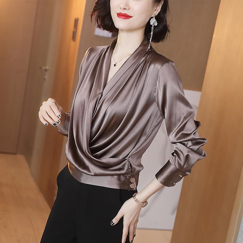 Chemise Mulberry InjStyle polyvalente et élégante, col en V croisé, manches longues, haut simulé, début d'automne, nouveau, 2025