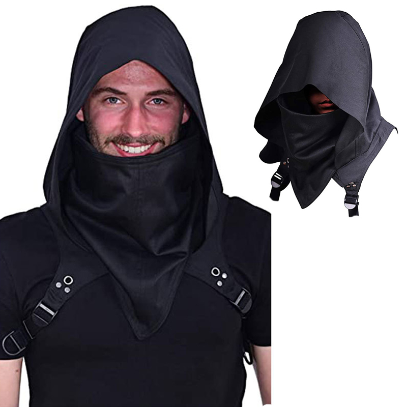 Capuche de cosplay médiéval vintage pour hommes, Everak Black Cyberpunk Rogue, capot d'écharpe, accessoires de costume de fête d'Halloween, 7.5 ate