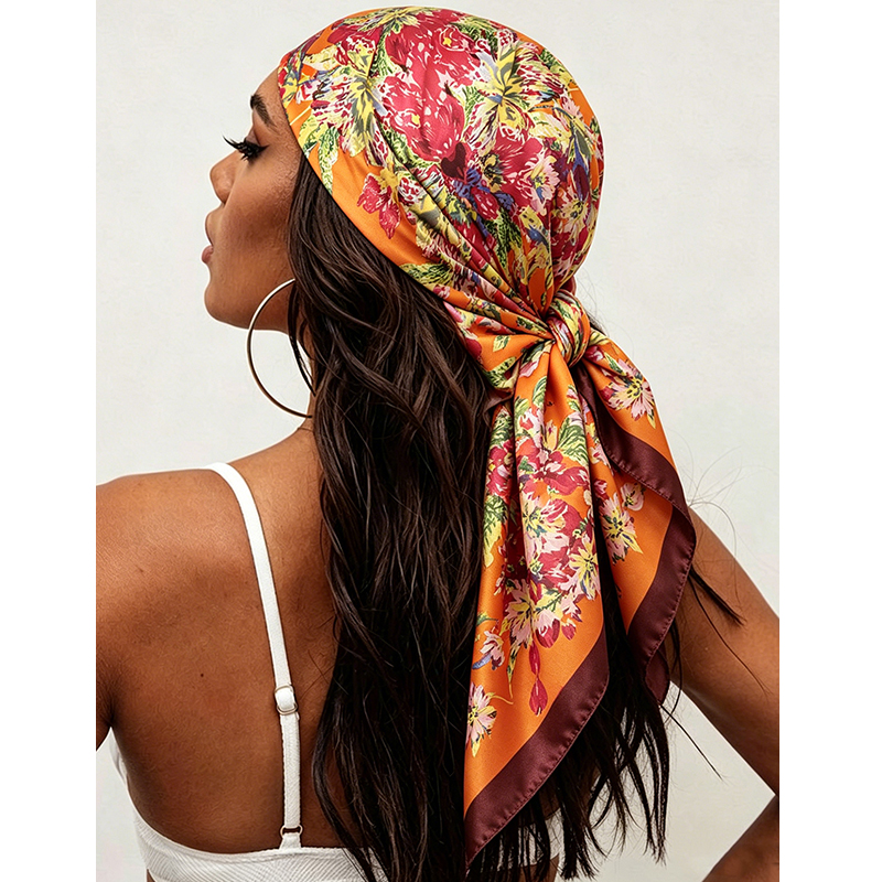Nouveau Foulard Carré en Soie Synthétique pour Femme, Imprimé Floral, en Satin, Bandana, Écharpe, Cache-col, Hijab 90cm