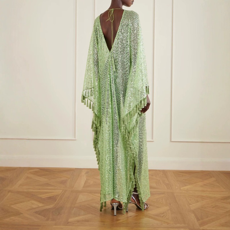 Robe longue caftan vert clair à sequins et franges, col en V profond, manches cloche, tenue de soirée, de plage ou de bal pour femme