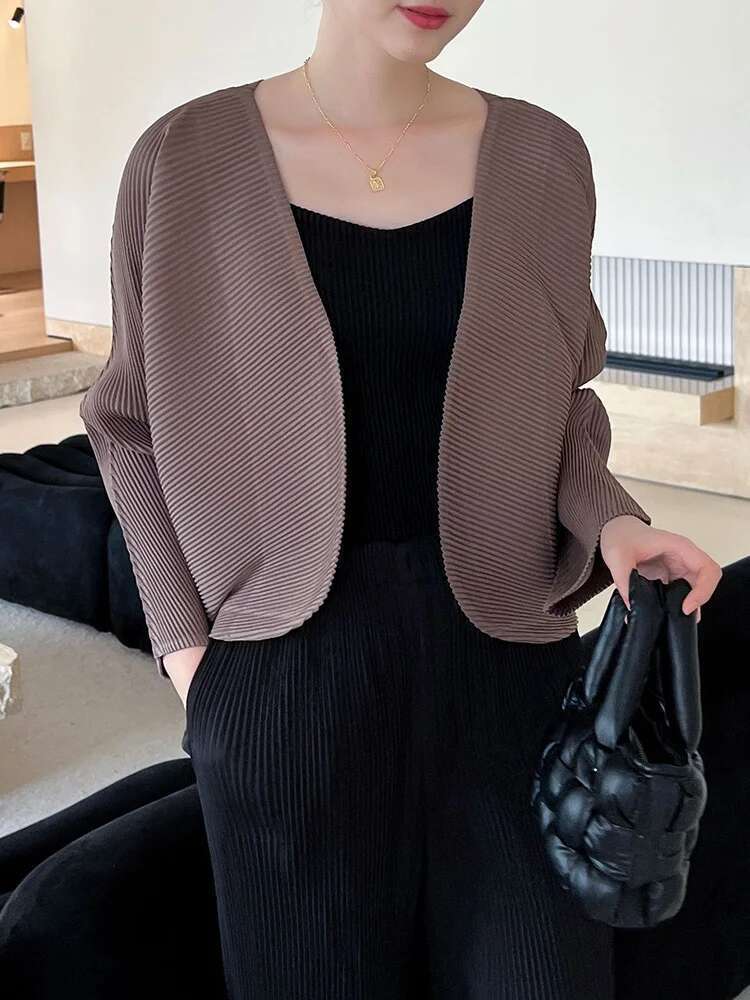 GVUW-Veste Plissée à Col en V pour Femme, Vêtement d'Extérieur Décontracté à Manches sulf, Point Ouvert, Couleur Unie, Nouvelle Collection 2025, 17G9774
