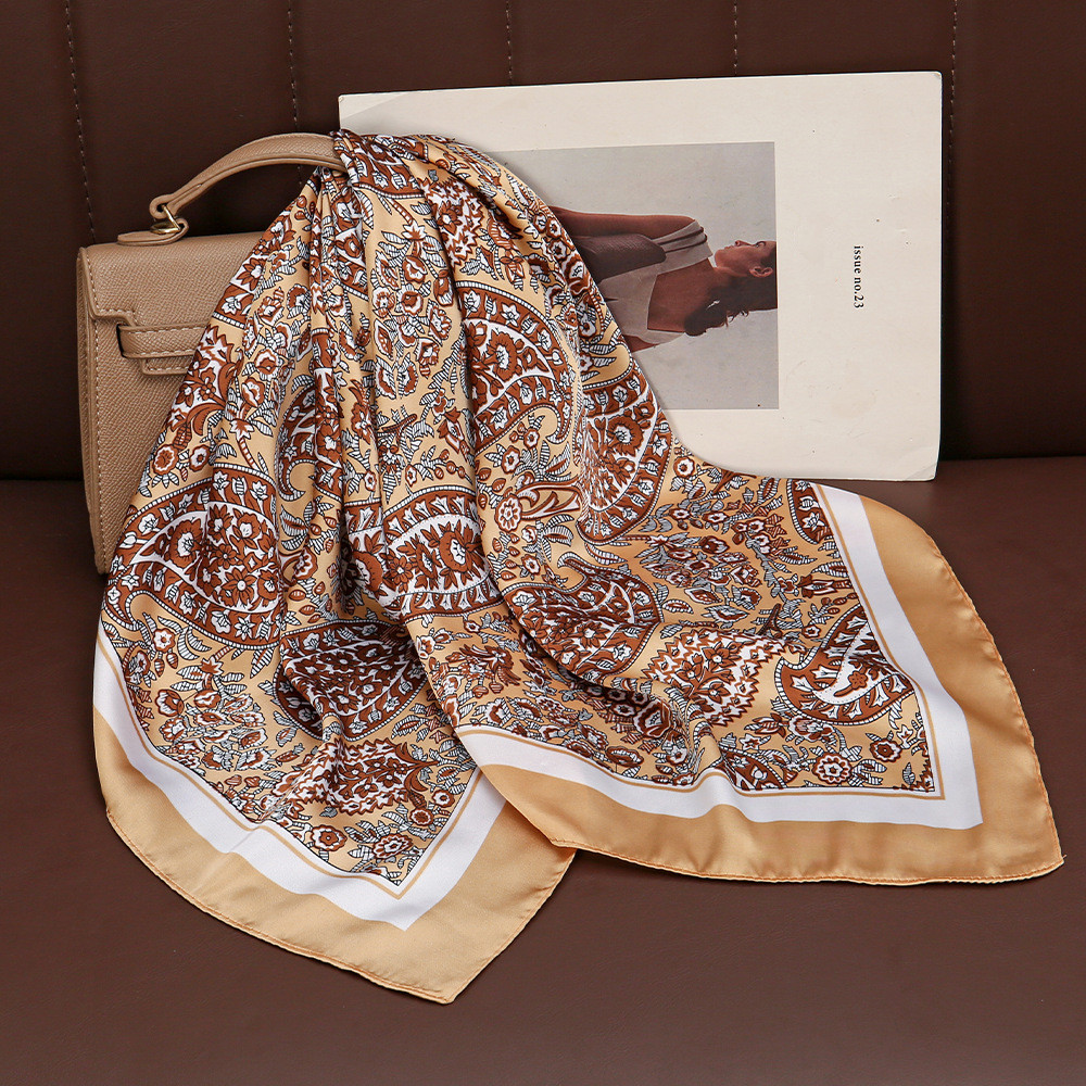Foulard carré en soie pour femme, imprimé floral de luxe, en satin doux, utilisable comme bandeau, ruban pour sac à main, hijab, foulard de cou et bandeau pour la tête