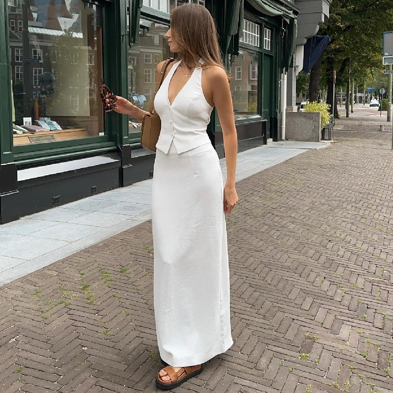 Tenue d'été 2 pièces pour femmes, couleur unie, hauts à boutons et jupe longue fendue, ensemble pour Streetwear, vêtements esthétiques y2k