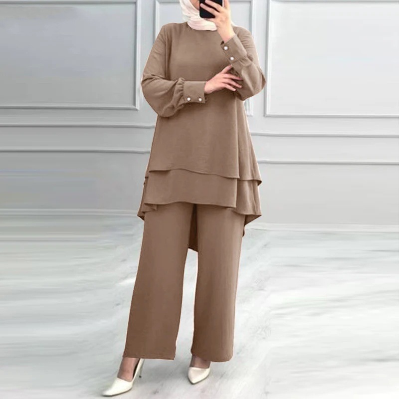Ensemble 2 pièces pour femmes musulmanes, chemisier, Double haut, pantalon à jambes larges, costume marocain, Ramadan, Ensemble décontracté, tenues pantalon arabe de dubaï