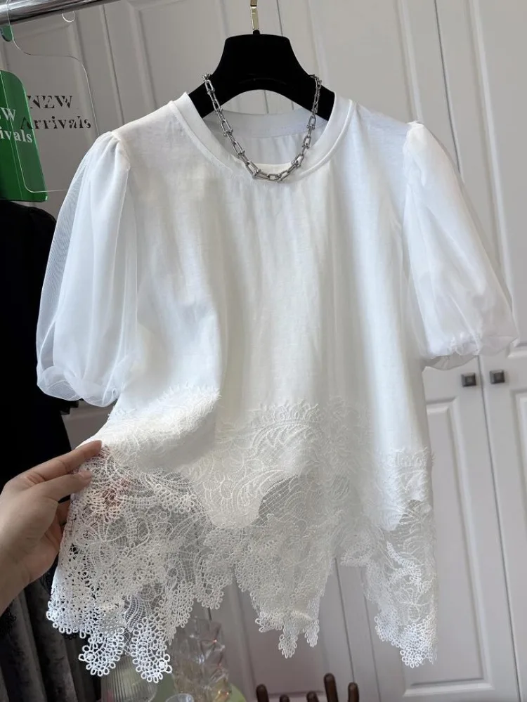 Blanc femme t-shirts mode irrégulière t-shirts surdimensionné hauts col rond manches courtes Patchwork dentelle T-shirt été coréen Camisetas