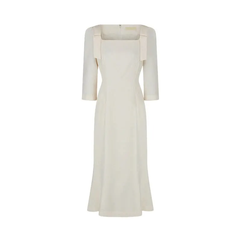 Robe moulante pour femme à col carré et épaules droites, nouvelle collection printemps-automne, taille haute, manches mi-longues, avec une coupe ajustée