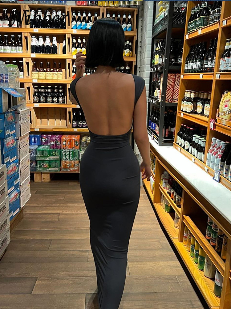 Nibber-Robe longue à manches courtes et dos nu pour femme, vêtement de couleur unie, sexy, élégant, élastique, slim, streetwear