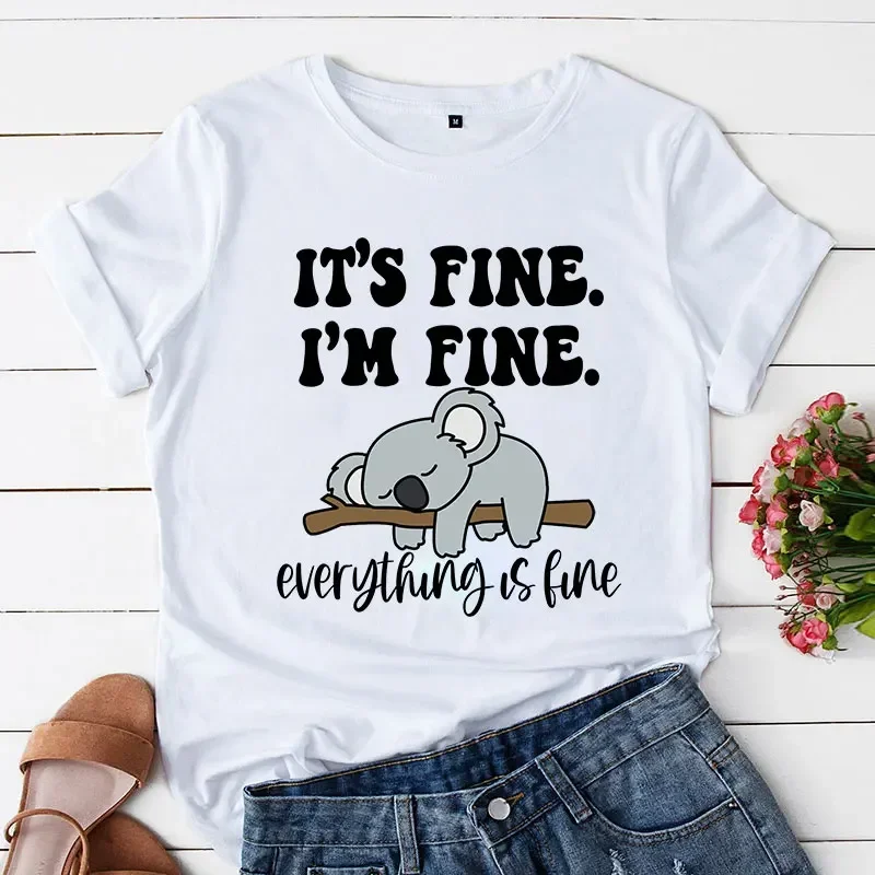 T-shirt à manches courtes pour femmes, haut imprimé Koala, décontracté, c'est bien, je suis bien, tout va bien, vêtements pour femmes de dessin animé