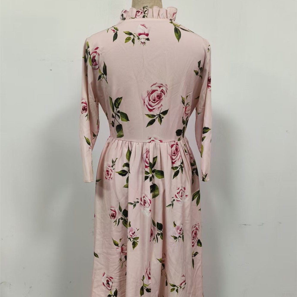 Robe longue élégante et romantique, décontractée, imprimée, taille haute, à la mode, à manches longues, plissée, col en V, coupe trapèze