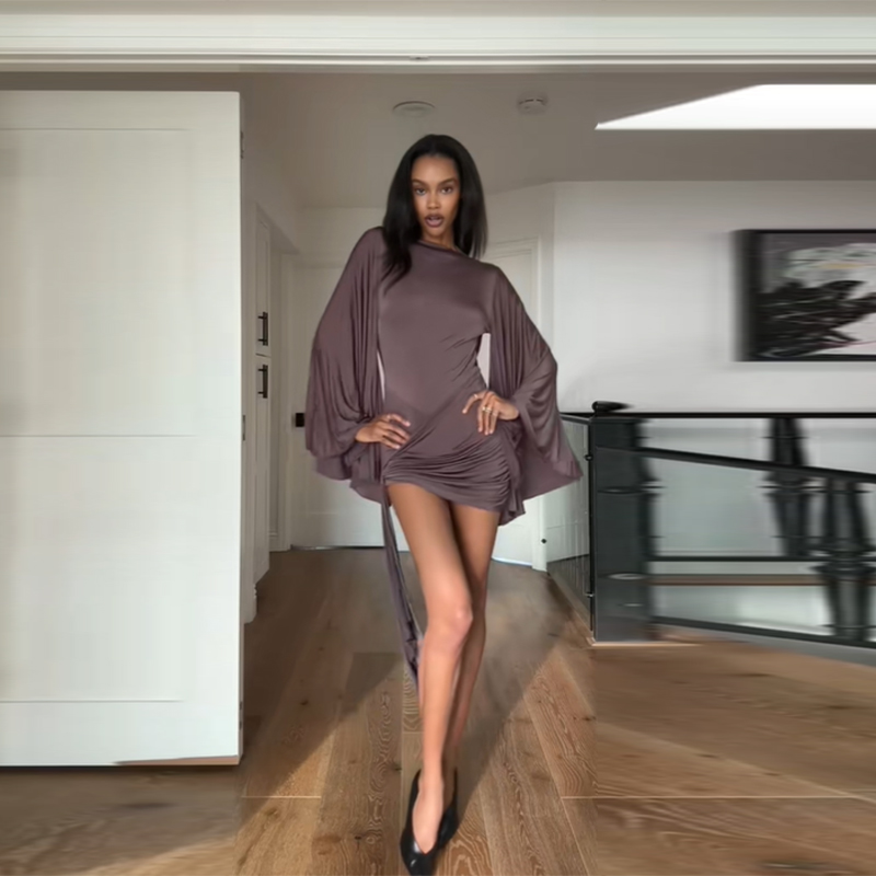 Robe élégante drapée à manches chauve-souris et taille froncée avec lien, pour femmes, idéale pour les soirées, les rendez-vous galants, tenue de soirée élégante et discrète