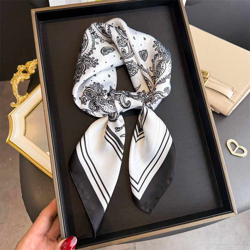 Foulard en soie noir imprimé de luxe pour femme, doux, en satin, carré, foulard de sac à main, foulard de créateur en soie