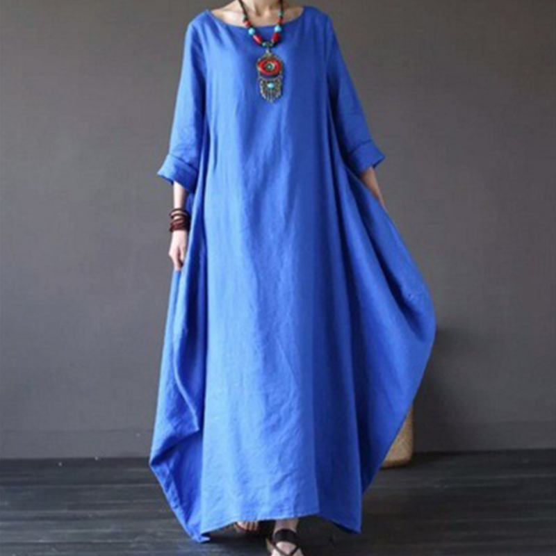 Robe d'été fine en coton et lin pour femmes, style bohème, manches longues, couleur unie, kaftan vintage