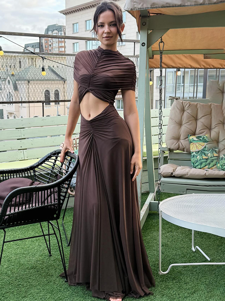 Robe longue élégante marron, sexy, en maille transparente, plissée, ajourée, noire, maxi robe de soirée, de mariage, pour femme.