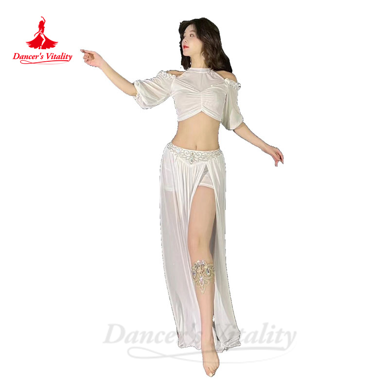 Ensemble de costumes de danse du ventre pour femmes, haut en gaze à demi-manches + jupe fendue avec pierres AB senior, tenue de danse du ventre orientale pour adultes, 2 pièces