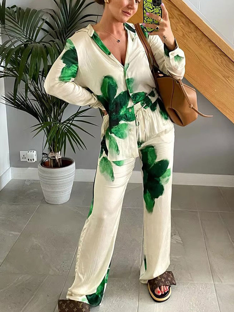 HH femmes mode imprimé fleuri Blouse pantalon ensembles à manches longues revers chemise cordon jambe large pantalon femme Streetwear costume