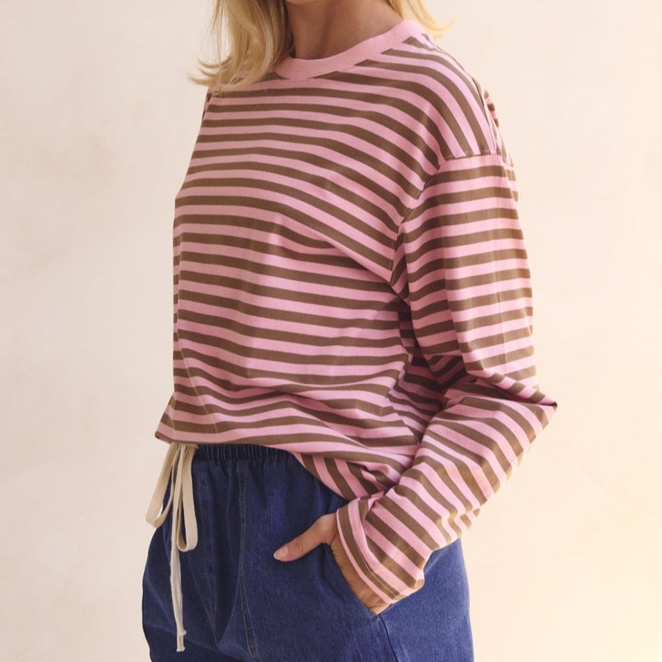 T-shirt décontracté à manches longues pour femmes, haut rayé rose et marron, hauts de sortie élégants, légers et confortables pour l'automne