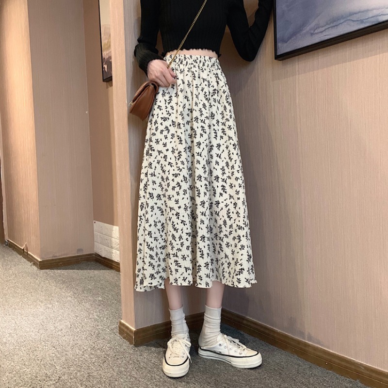Jupe décontractée printemps-été pour femme, jupe trapèze tendance, jupe en mousseline imprimée florale vintage, jupe midi taille haute élastique