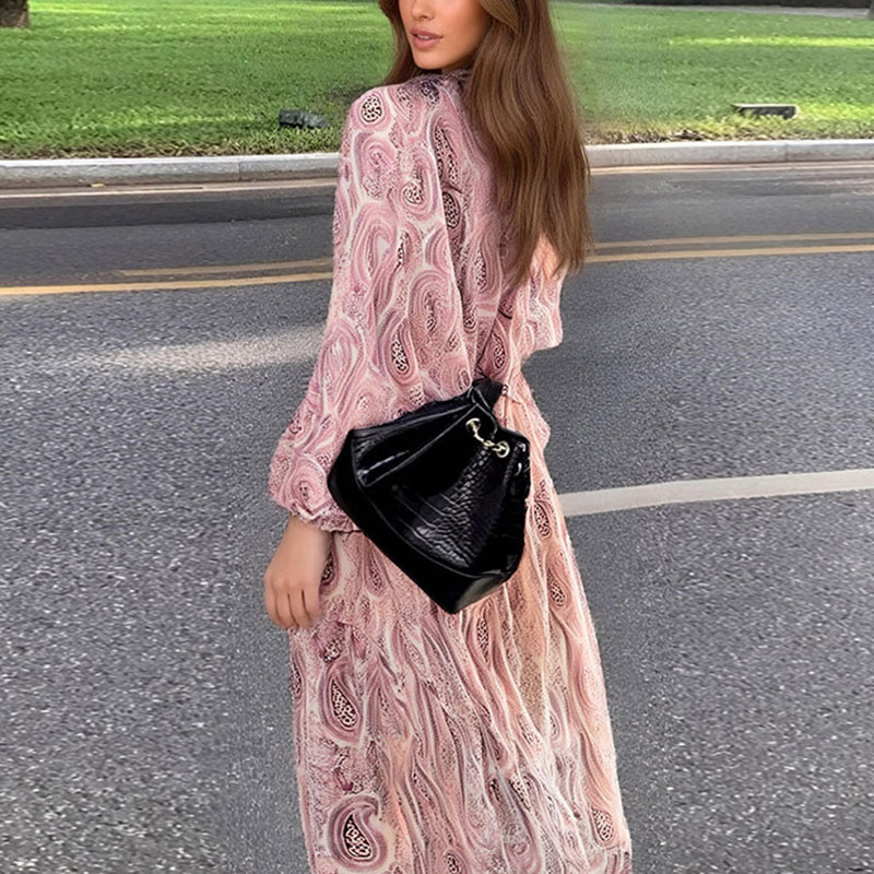 Femmes mode robes imprimées femme à manches longues col en v robe de soirée printemps été Chic Streetwear dame élégante robes en mousseline de soie