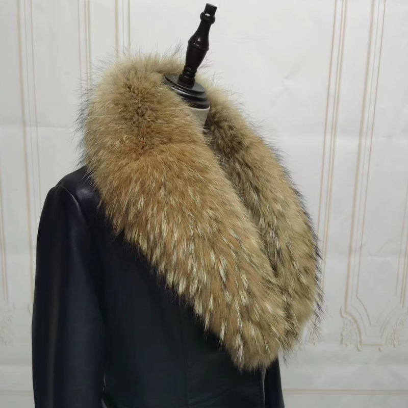 Col en Fourrure group pour Femme, Chauffe-cou d'Hiver, Capuche, Châle en Fourrure de Raton Laveur, Écharpe en Fourrure Moelleuse pour Manteau, Bande à Capuche