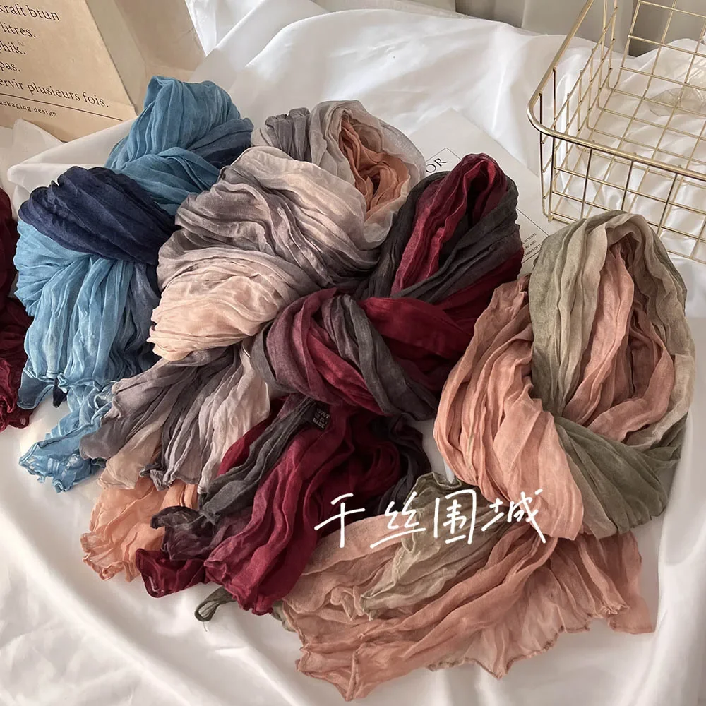 Écharpe en coton et chanvre pour femme, toucher dégradé bleu, rétro, polyvalent, imprimé, Long pli, doux, à la mode, nouvelle collection automne hiver