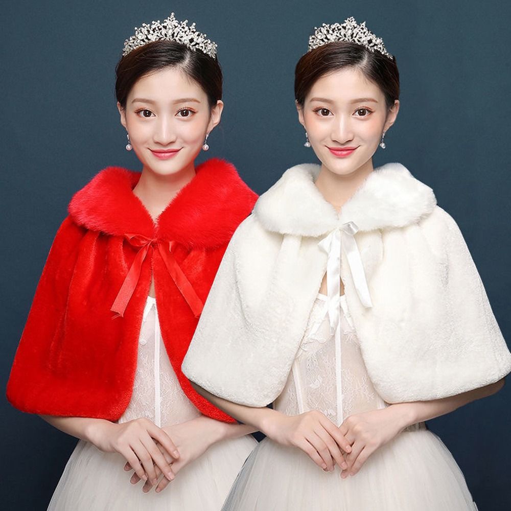 Blanc femmes hiver épaissir peluche Wrap étole coude longueur mariage mariée châle Cape veste chaude haussement d'épaules avec ruban à lacets