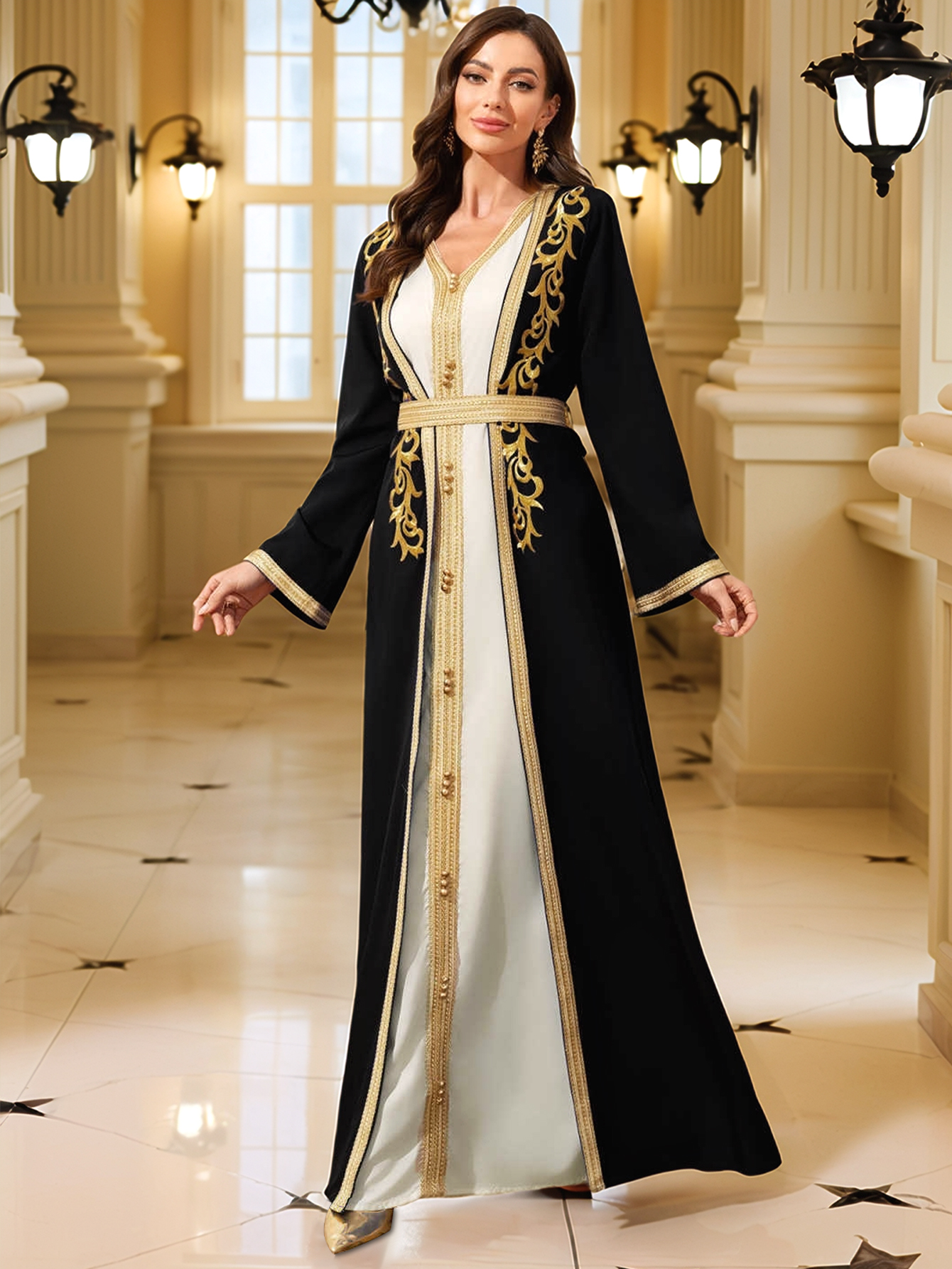 Robe musulmane du moyen-orient pour femmes, caftan marocain Abaya, Robe Eid brodée en or, robes islamiques