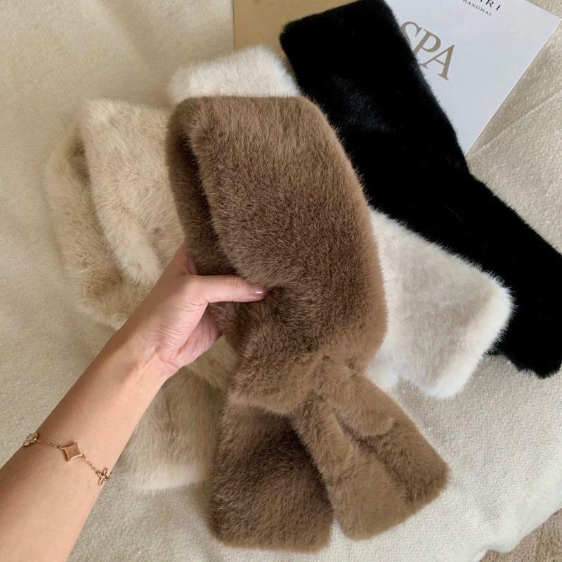 Femmes coréennes hiver chaud épaissir col croisé écharpe Imitation fausse fourrure de lapin écharpe solide fourrure cou plus chaud résistant au froid foulards
