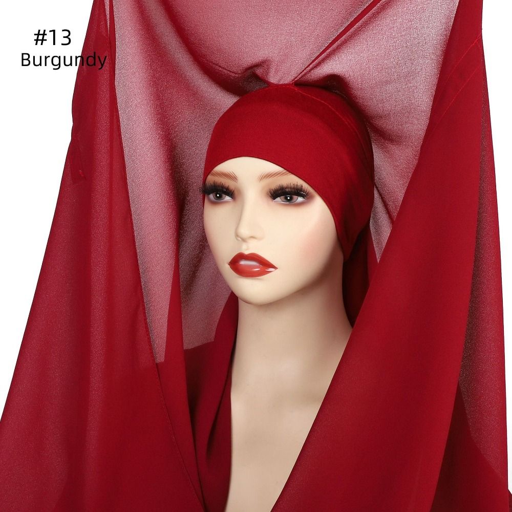Hijab instantané 2-en-1 en mousseline avec aimants intégrés, couleur unie, long foulard musulman avec sous-bonnet, couvre-chef islamique confortable