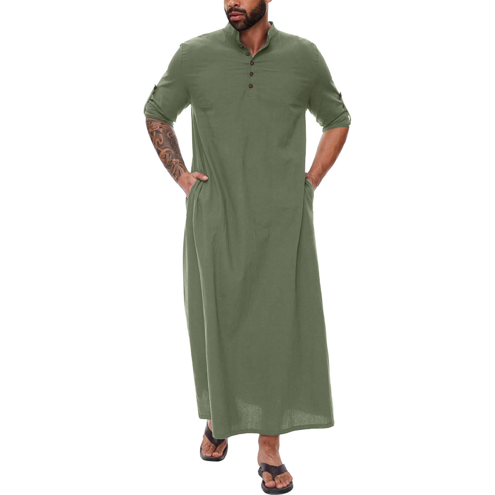 Abaya longue en lin de coton arabe pour hommes, poches musulmanes, Jubba Thobe, Kamis islamiques, document solide, Robe adulte, zones me S-XXXL