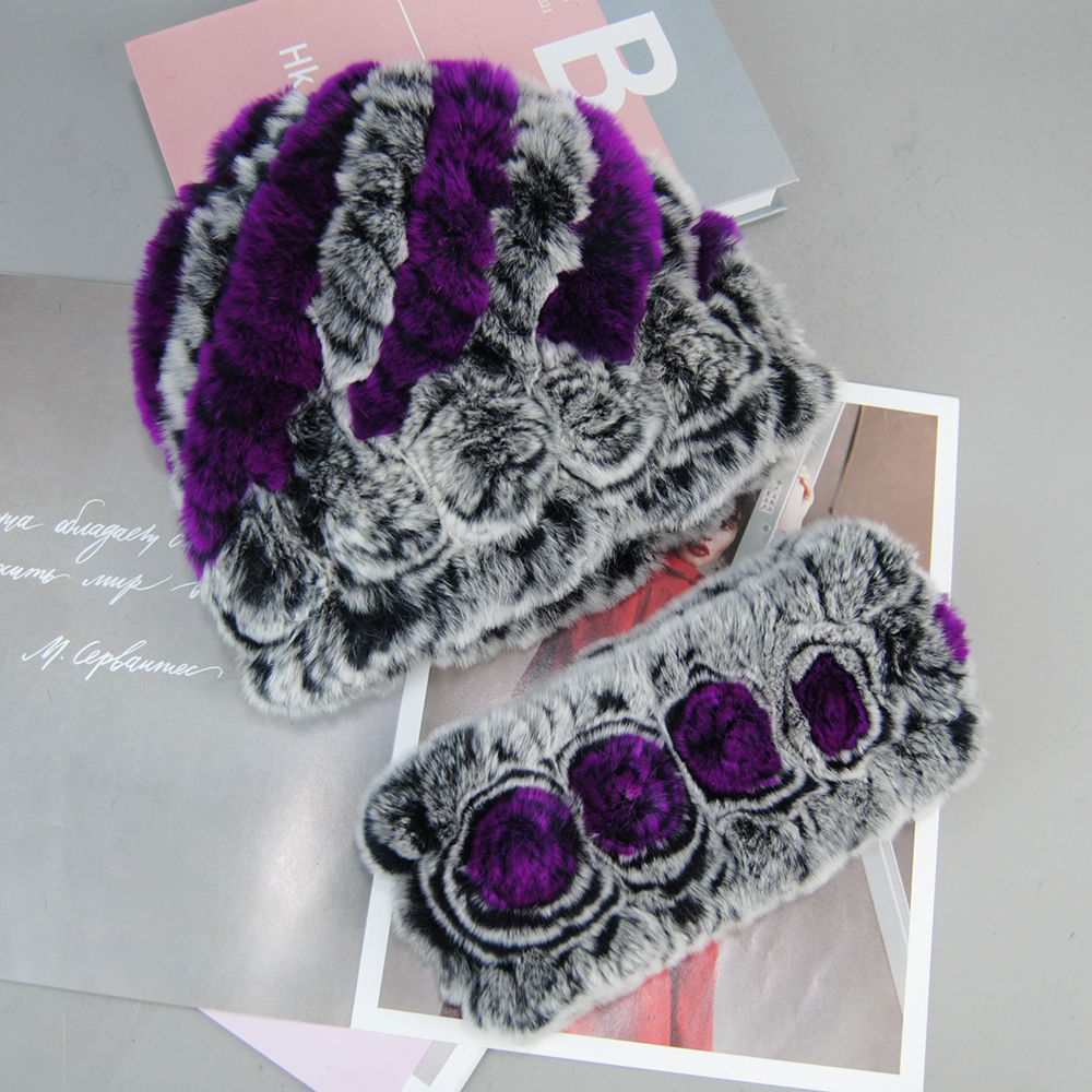 Chapeau et écharpe en fourrure de lapin Rex véritable pour femme, ensembles de silencieux, bonnet en fourrure pour fille, tricot naturel, haute qualité, dame, mode, hiver, 100%