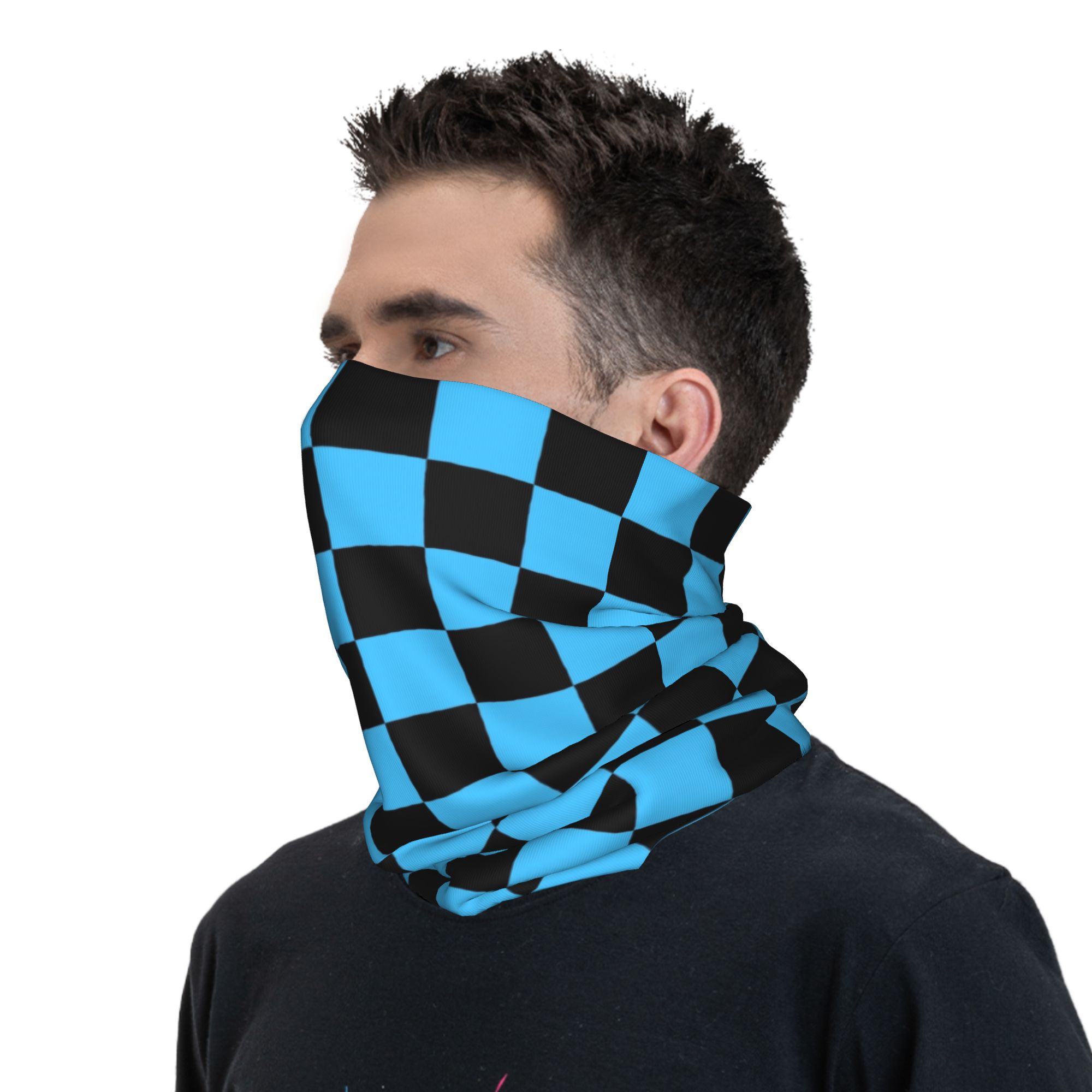 Cache-cou bandana personnalisé noir et bleu à motif damier pour le ski, la chasse, femme et homme, écharpe enveloppante, cagoule chaude à carreaux écossais