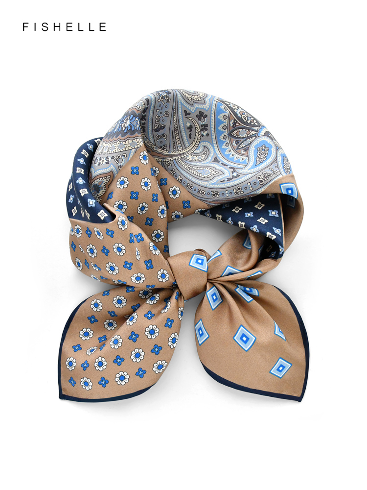 Petit Foulard Carré en Soie Naturelle Patchwork de Couleur Camel, Hijab pour Femme et Homme, Cadeaux de Luxe, Nouvelle Collection Printemps Automne